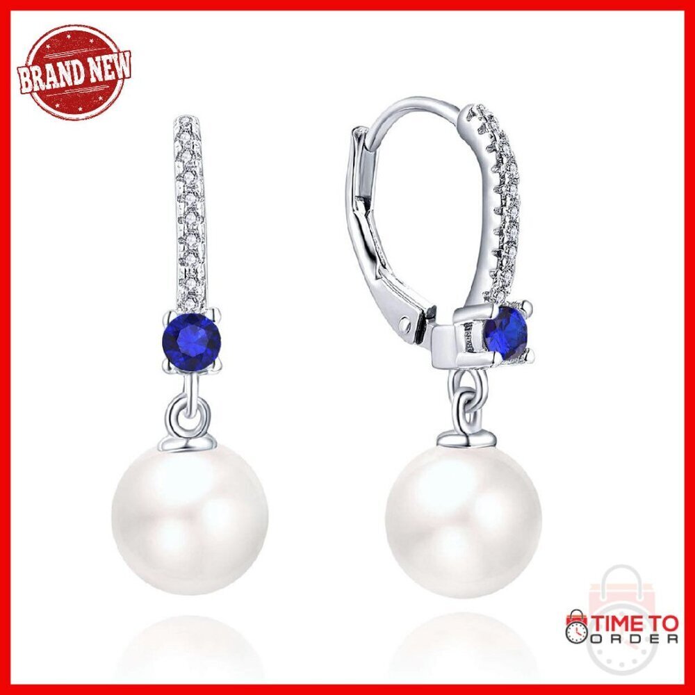 Sterling Silver Pearl Hoop Earrings with Cubic Zirconia Dangle
